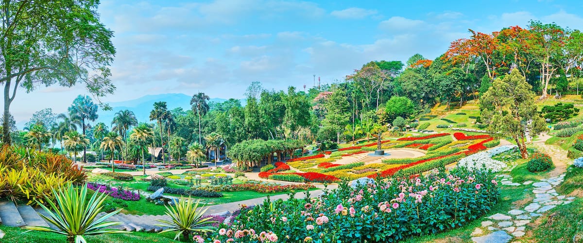 A lush garden with various flower beds and trees.