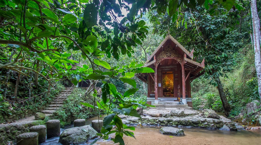 A traditional wooden structure with intricate carvings, surrounded by lush greenery and a small stream.