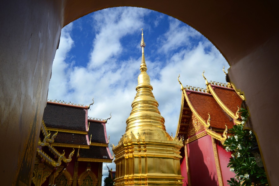 Pagoda and Chapel, Lanna Architecture, Symbols of Buddhism, South East Asia at Pa Yang temple (Wat San Phra Chao Deang), Ban Thi, Lamphun, Northern Thailand