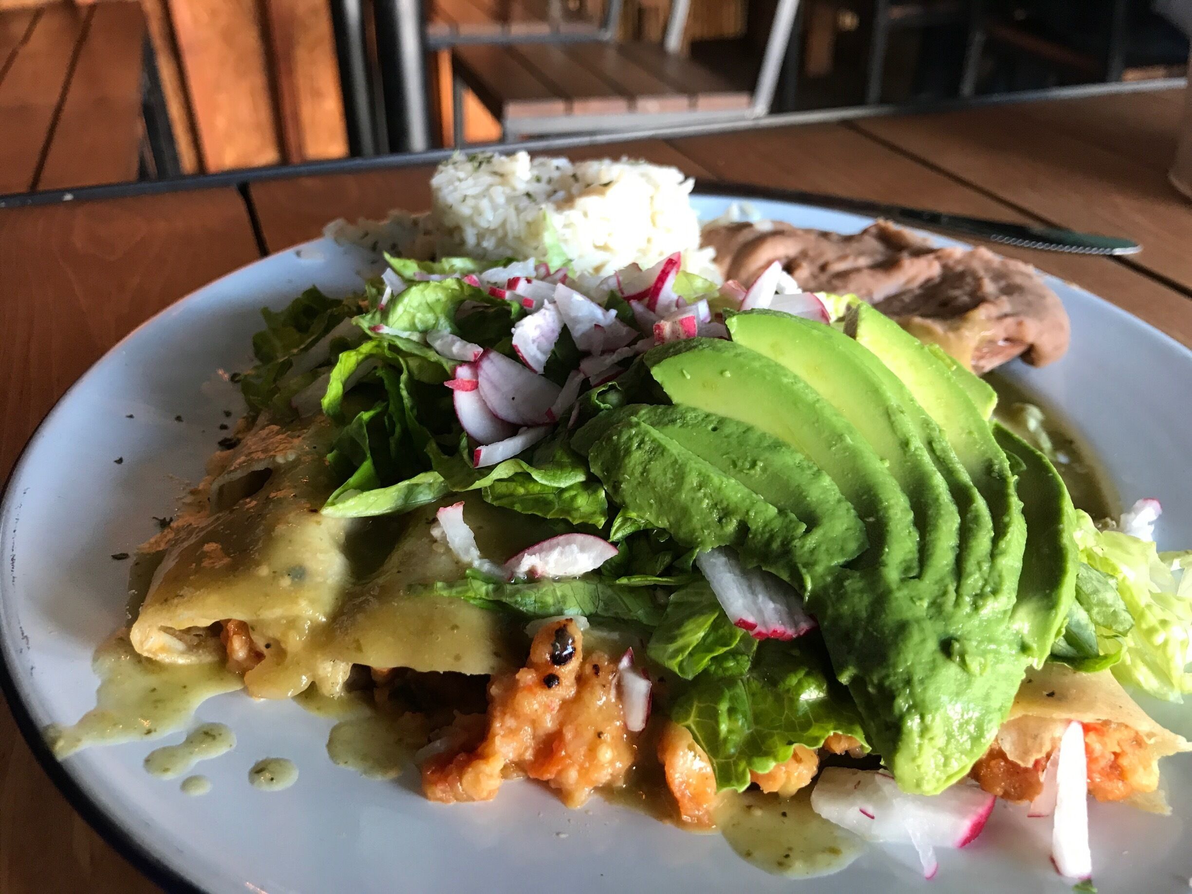Love seafood? Don't miss this spot (second location in Cacho). You can find your traditional baja seafood items tacos, ceviche, aguachilies and a whole list of items like these shrimp enchiladas. And for you dog lovers... dog friendly if your dog is friendly. 