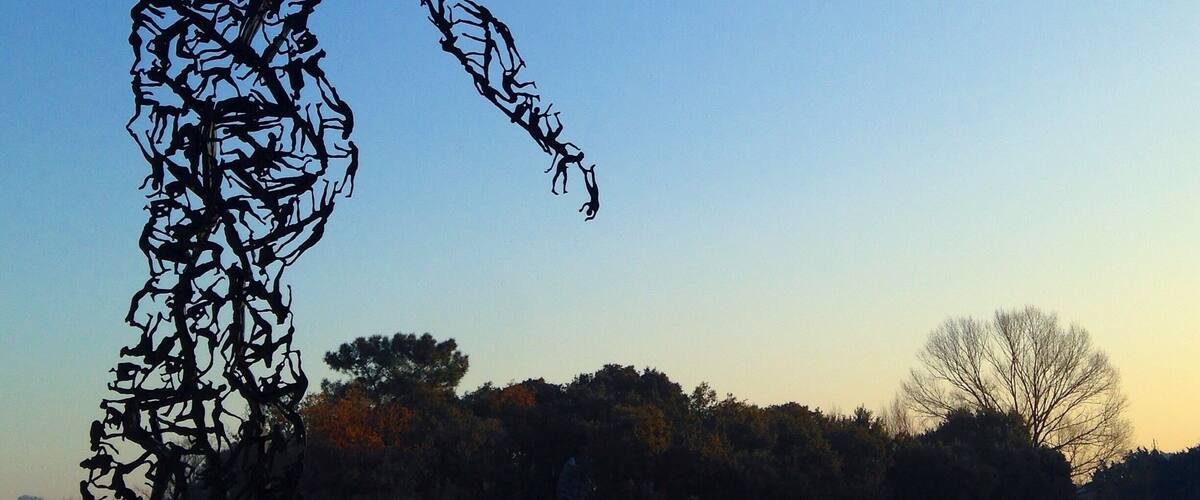A silhouette of a human figure made of tree branches against a clear sky.