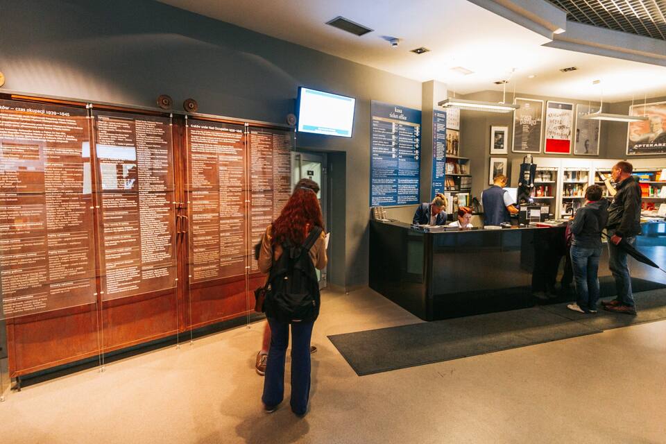A museum with informational displays and a ticket office.