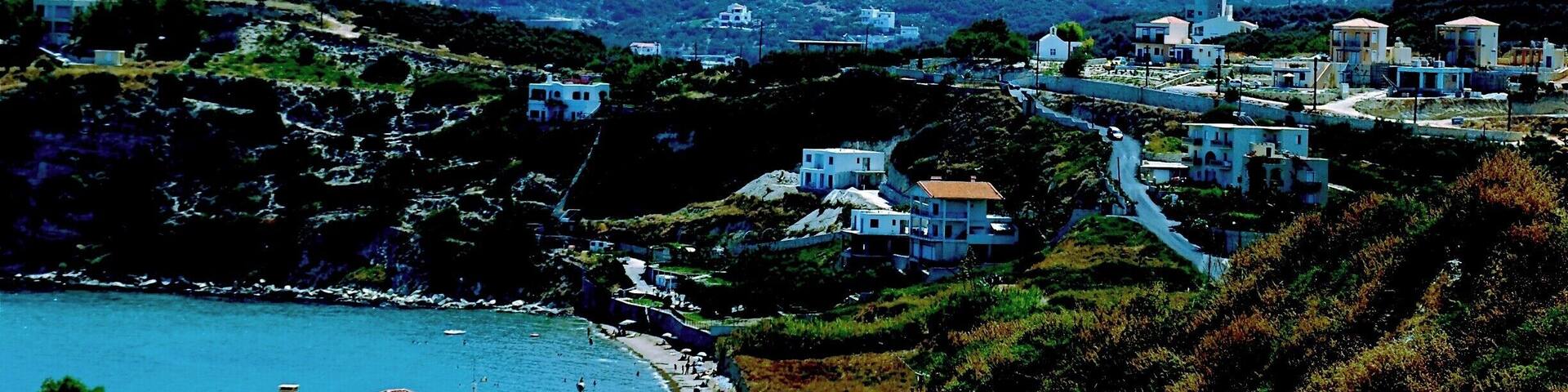 Beautiful area, Almirda, Crete with the bluest water and sky. Incredibly friendly people and they all have huge meals around 10 at night along the shoreline. Quaint, incredible and like something right out of a movie. Love it.