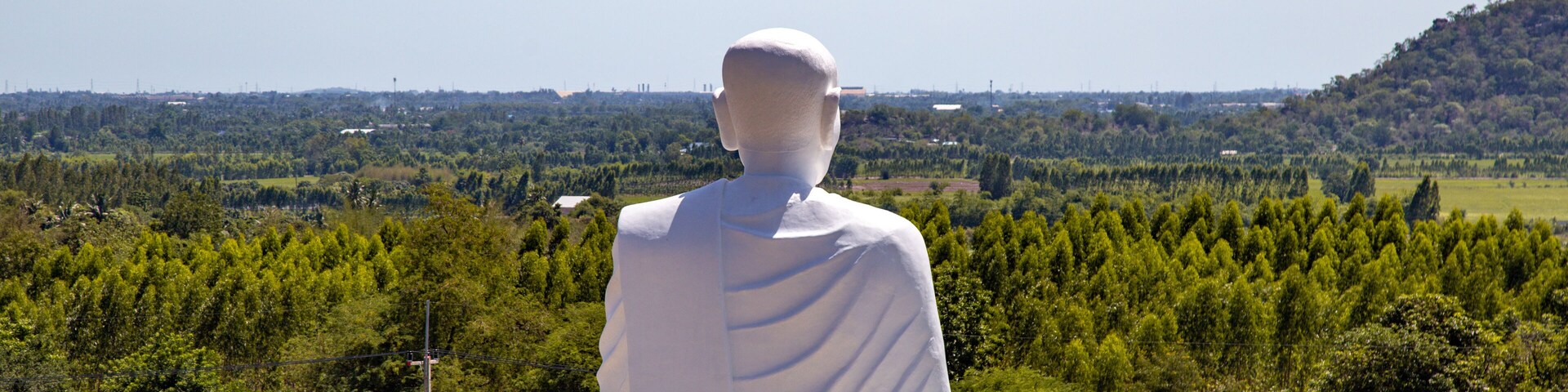 Una gran estatua blanca de una figura sentada que domina un exuberante paisaje verde con árboles y un horizonte lejano de la ciudad.