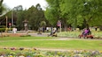 Een park met een grote boomsculptuur, een stopbord en mensen die kart rijden.