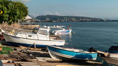 Zonguldak eregli district, fishing boats and erdemir iron and steel factory behind