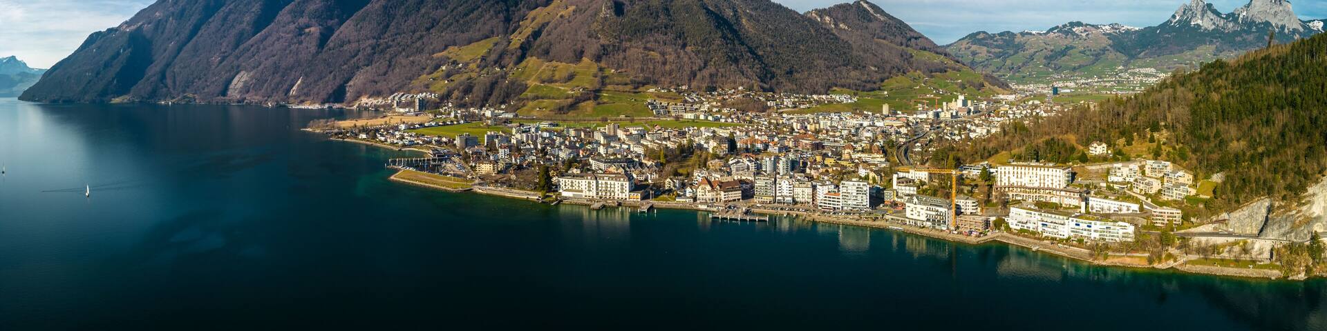 Panoramic drone view of Brunnen and Ingenbohl, Switzerland