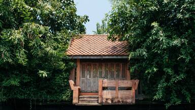 Thai old wooden houses gate along Bangkok Yai canal or Klong Bang Luang