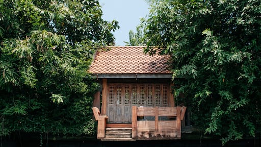 Thai old wooden houses gate along Bangkok Yai canal or Klong Bang Luang