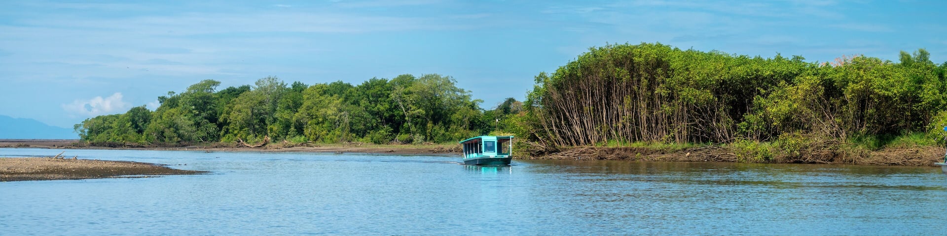A calm river with a small boat in the center, surrounded by dense green foliage and a clear blue sky.
