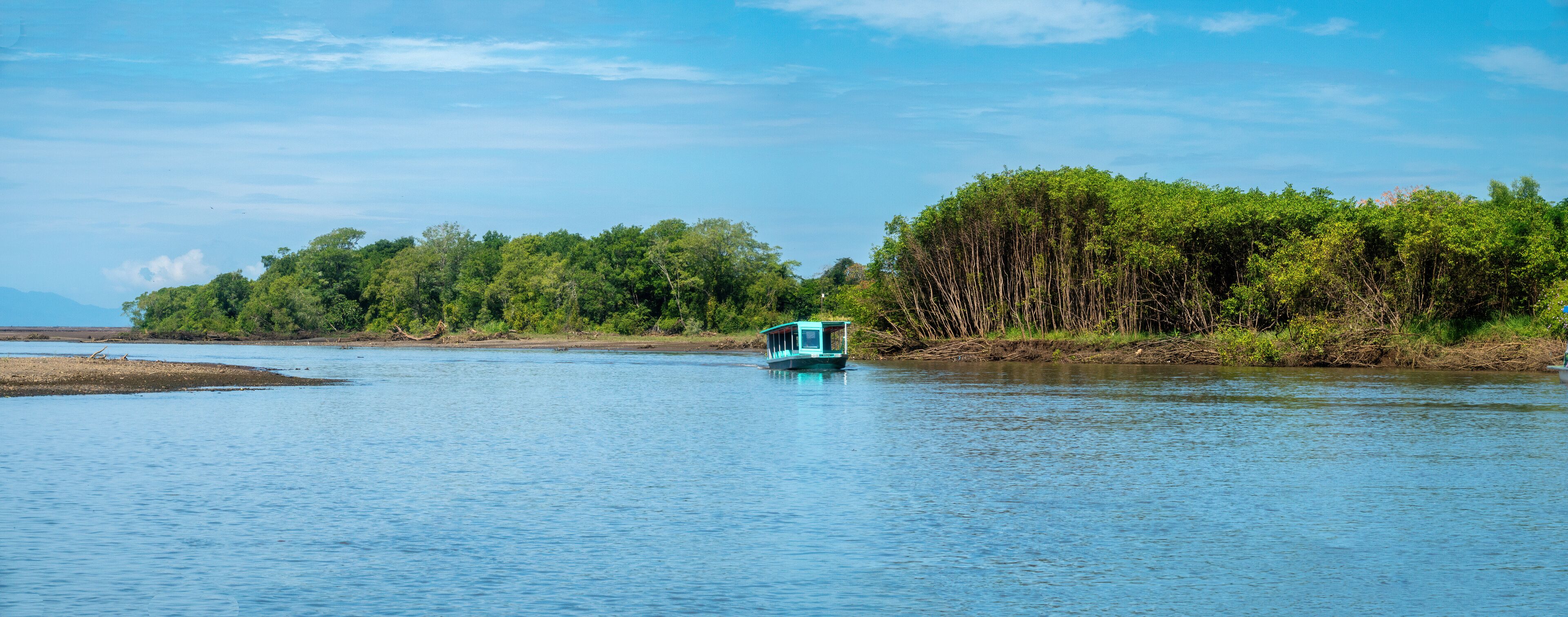 A calm river with a small boat in the center, surrounded by dense green foliage and a clear blue sky.