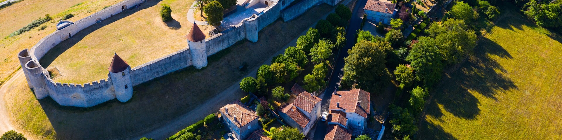 Top view of medieval Villebois-Lavalette castle. Charente department. France