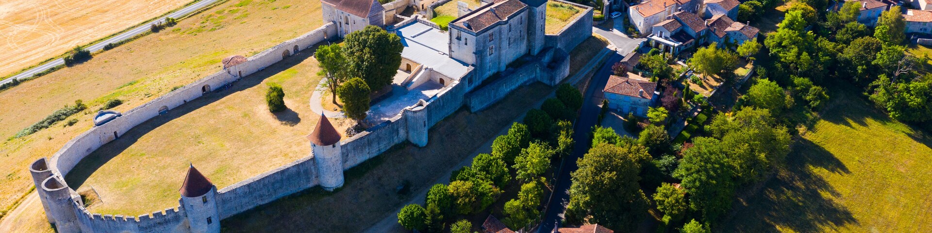 Top view of medieval Villebois-Lavalette castle. Charente department. France