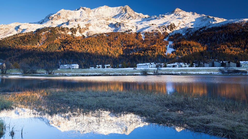 A mountain range with snow-capped peaks, a lake reflecting the scenery, and a forested area with autumn-colored trees.