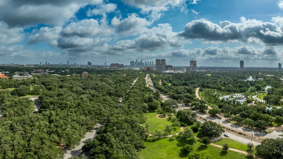 Aerial view of Hermann park in Houston with Japanese Garden, zoo