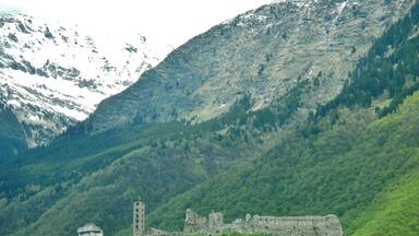 Un castillo medieval rodeado de un bosque verde exuberante y montañas nevadas.