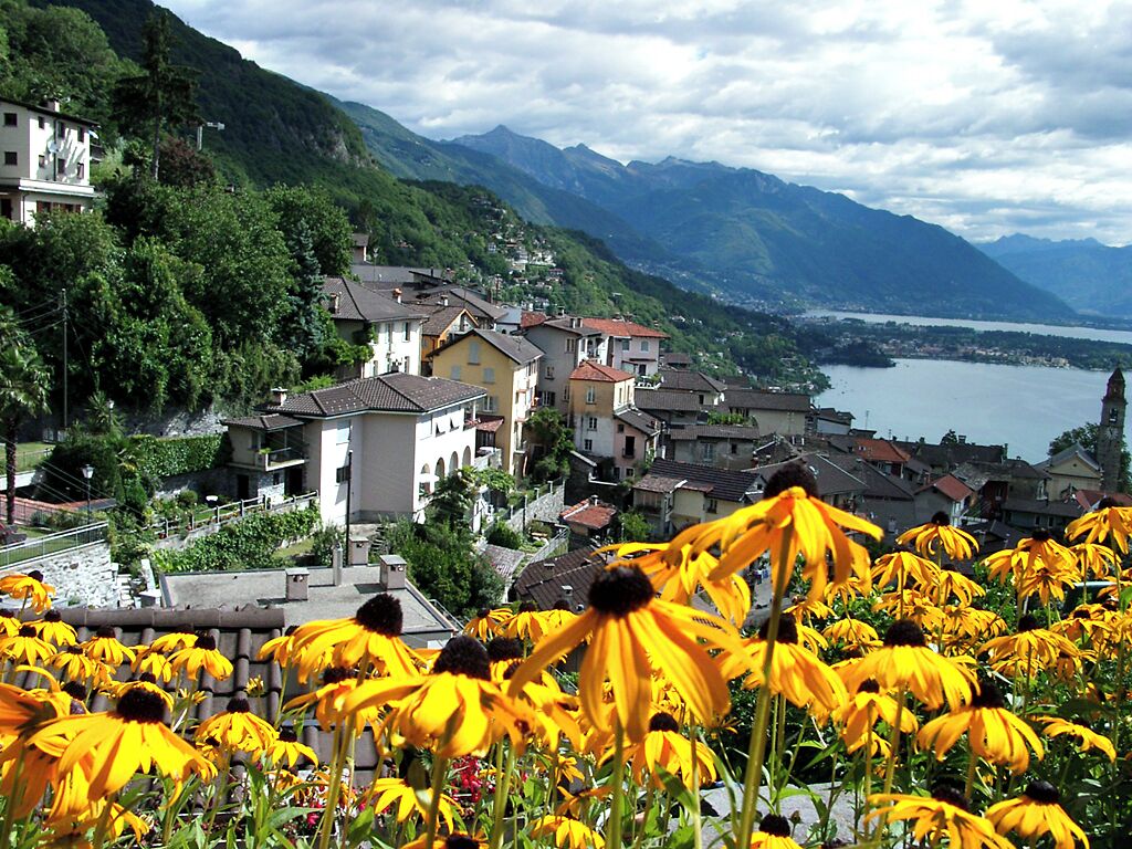 Ronco sopra Ascona am Lago Maggiore im Schweizer Kanton Tessin.Ganz im Hintergrund liegt Ascona und Locarno.