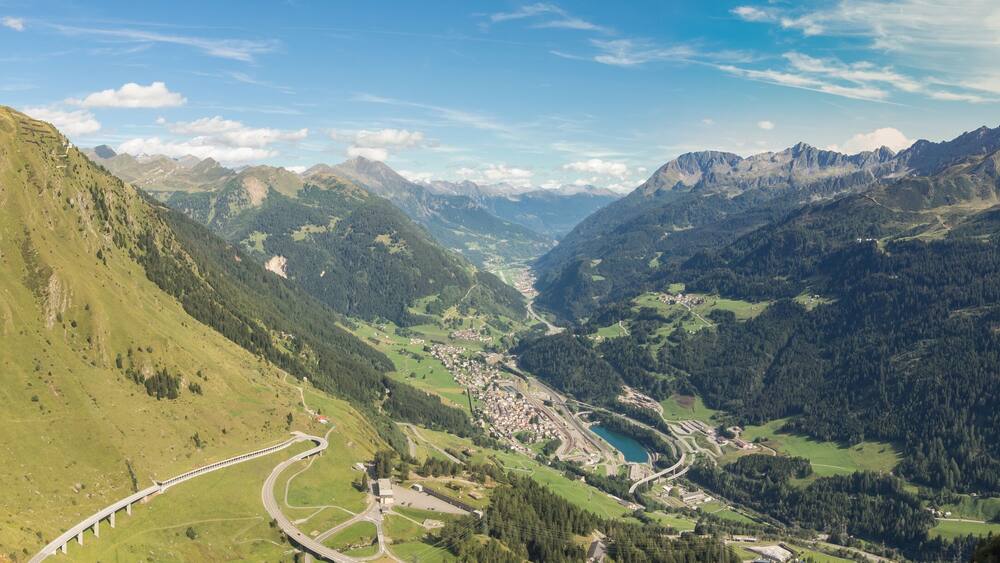 Panorama on the valley Leventina and the surrounding mountains from the road to the Gotthard Pass, Switzerland