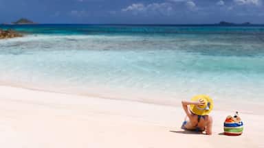 A beach with clear turquoise water, a sandy shore, and a small island in the distance.