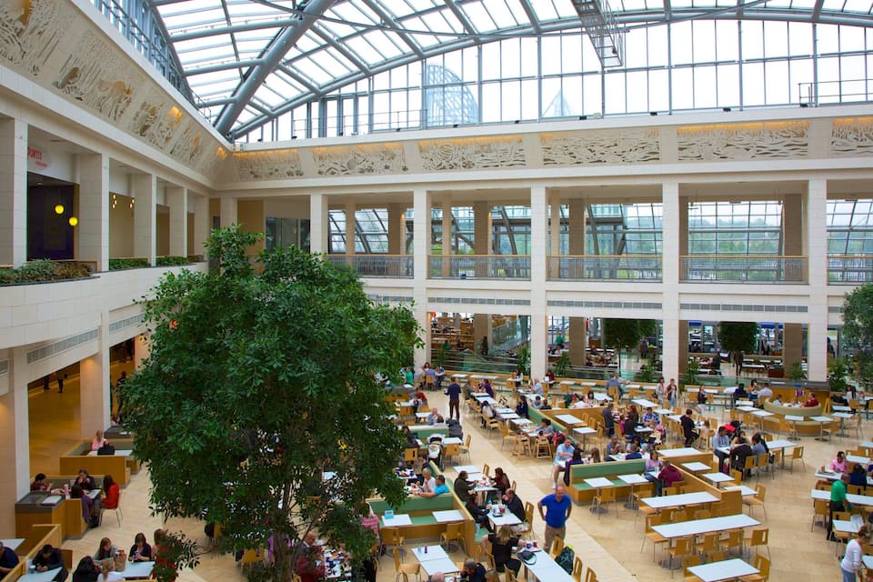 Un vaste atrium intérieur, doté de hauts plafonds, de grandes fenêtres et d’un arbre central.