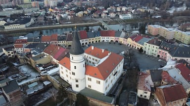 Una vista aerea di una città storica con una chiesa importante caratterizzata da un alto campanile, circondata da edifici colorati e un fiume.