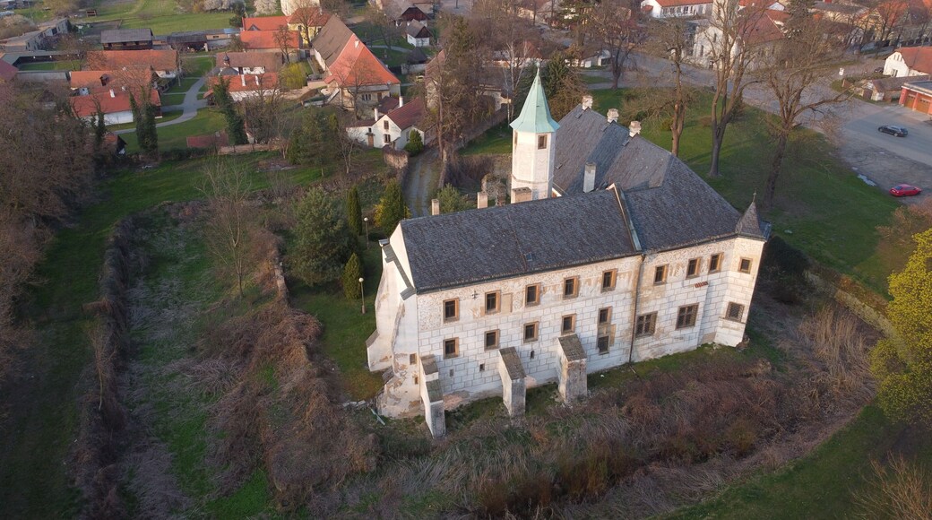 Castle in Prerov nad Labem captured in aerial panorama in Bohemia region of Czech Republic