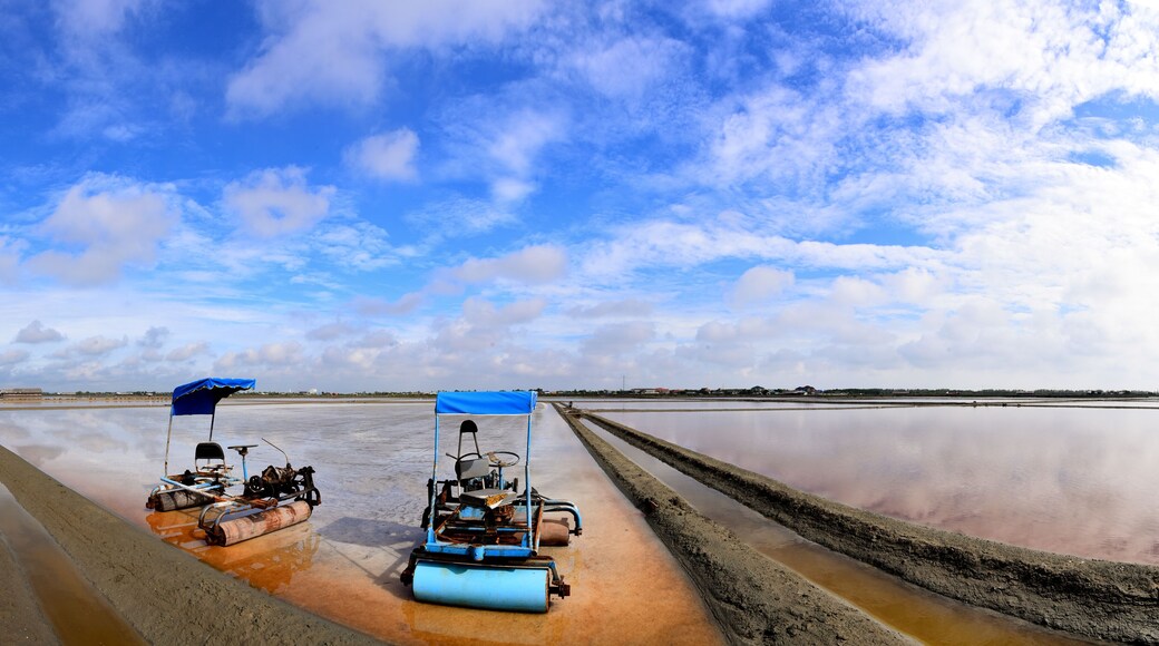 Thai Travel at Samut Songkhram, Two salt rollers stand in the salt field in the blue sky day background Landmark of Samut Songkhram Province, Thailand.