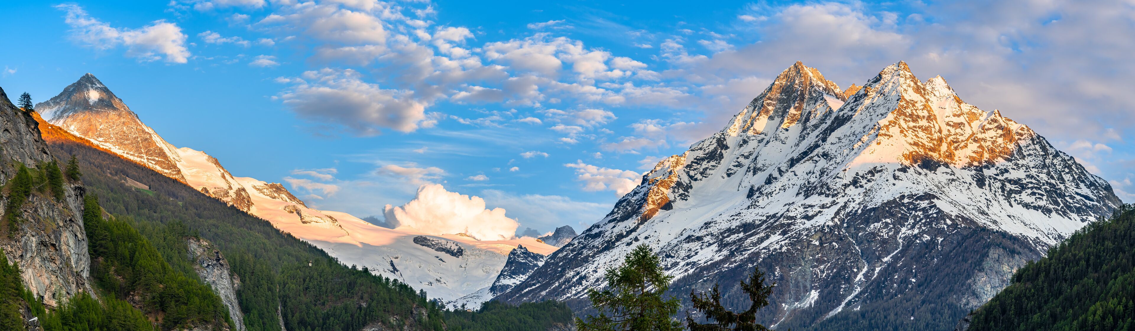 A mountain range with snow-capped peaks, dense forests, and a clear blue sky.