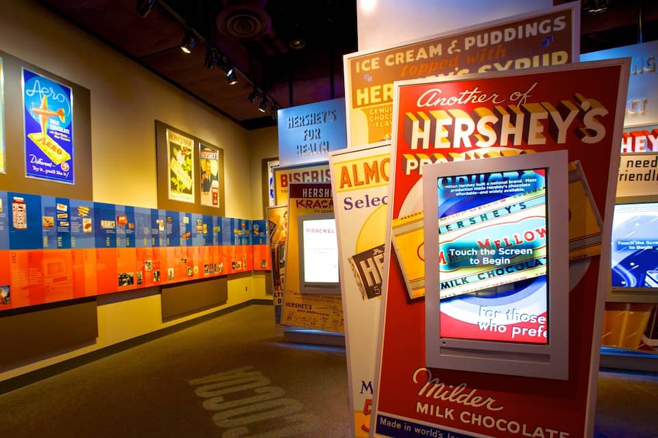 A museum exhibit with a timeline of Hershey's history and various chocolate products.