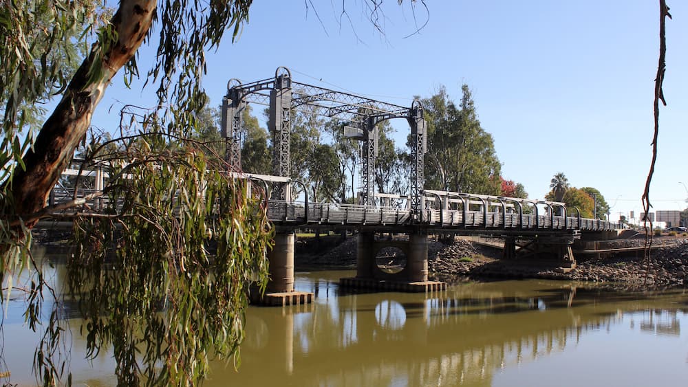 The Koondrook-Barham Bridge crossing the Murray River with a eucalyptus tree in the foreground on the border of New South Wales and Victoria in Australia