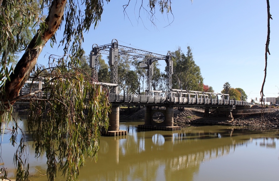 The Koondrook-Barham Bridge crossing the Murray River with a eucalyptus tree in the foreground on the border of New South Wales and Victoria in Australia