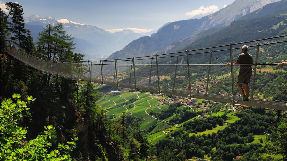 Eine Hängebrücke über einem Tal, mit grünen Feldern und Bergen im Hintergrund.
