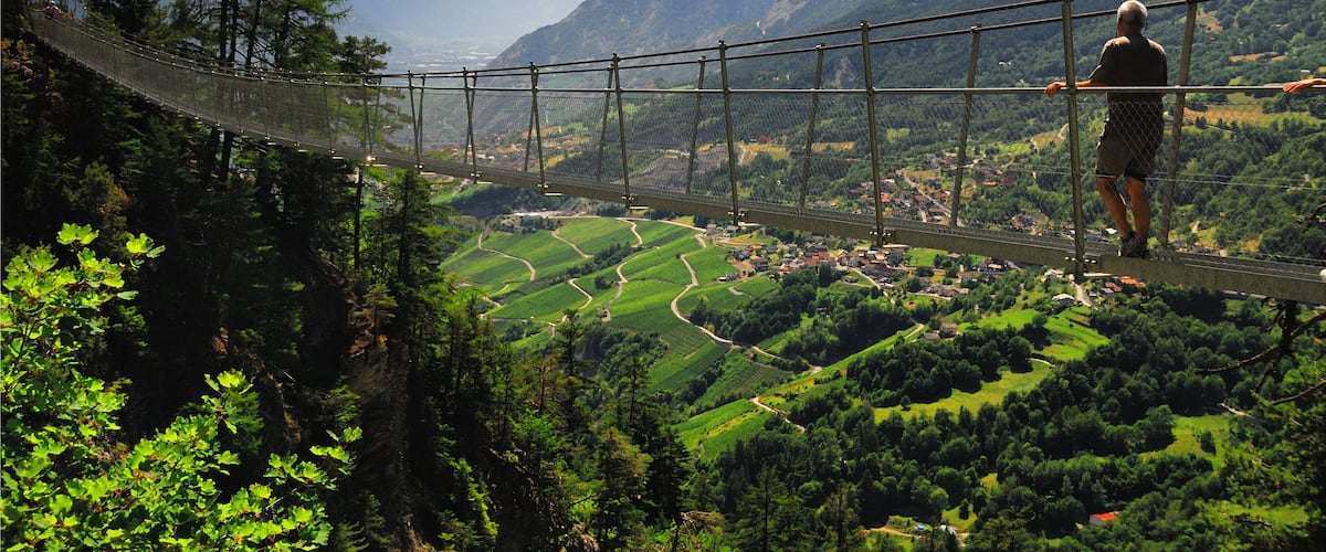 A suspension bridge over a valley with green fields and mountains in the background.