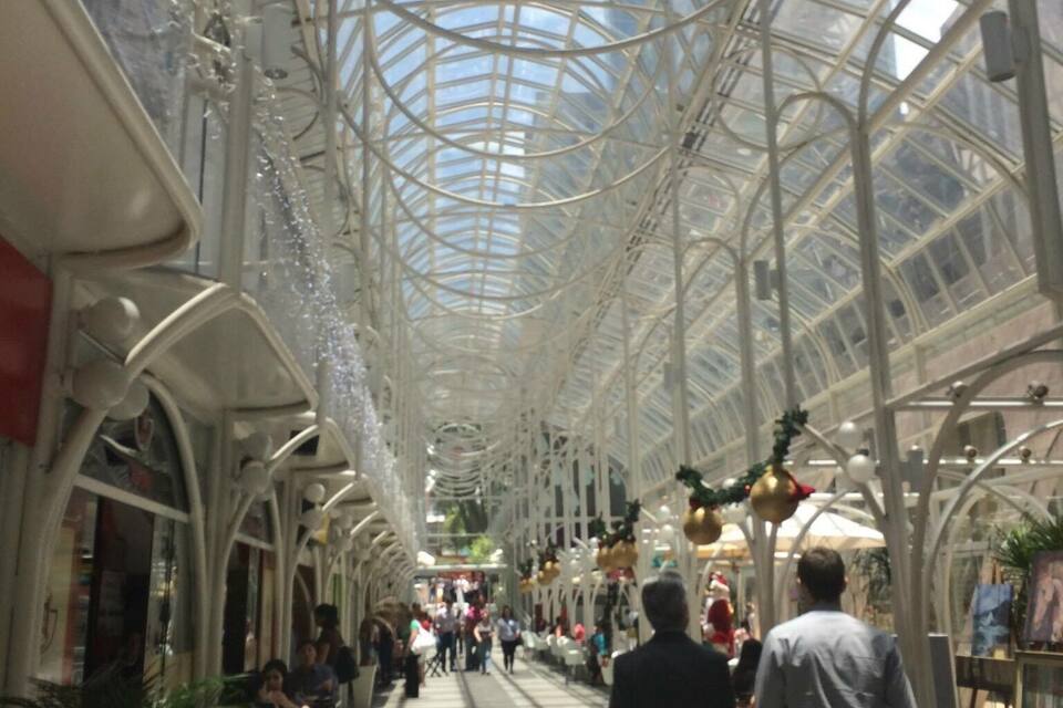 Un atrio con techo de vidrio, vigas de metal blanco, plantas en macetas y gente caminando.