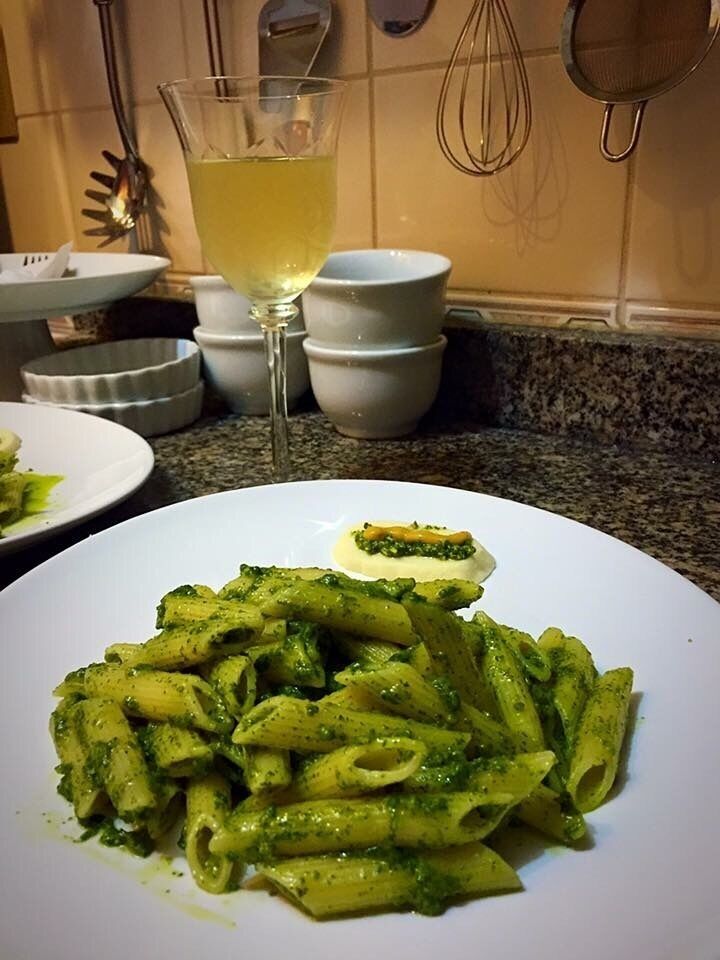 Homemade pasta with pesto and a perfect wine. #delicious