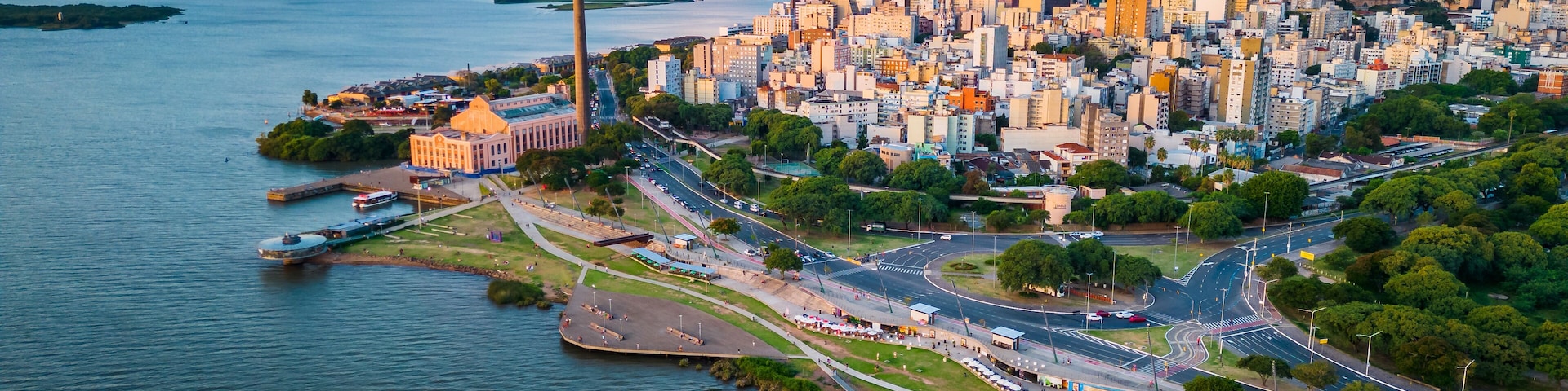 Aerial Drone Porto Alegre City Brazil and Gasometro Cultural Center, Guaiba River