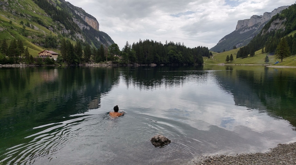 Even on a gray day, you should pack a swimsuit to jump into the pristine, clear water at Seealpsee. You'll earn it after the steep hike up! #Takeahike