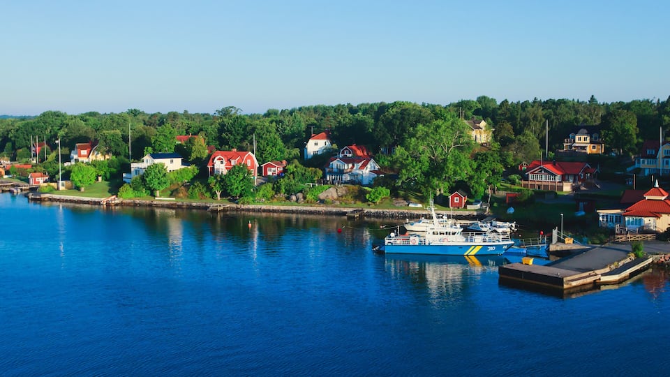 A coastal town with houses, boats, and a forested hill.