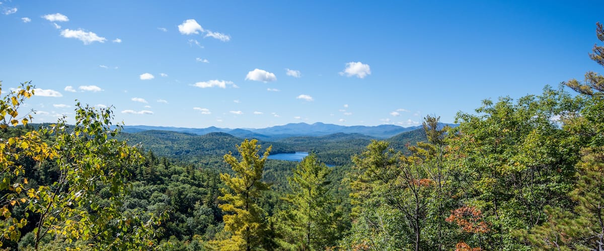 A mountainous landscape with a lake and dense forest.