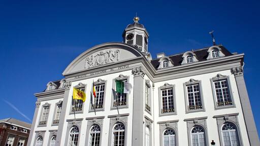 Een historisch gebouw met een klokkentoren en vlaggen.