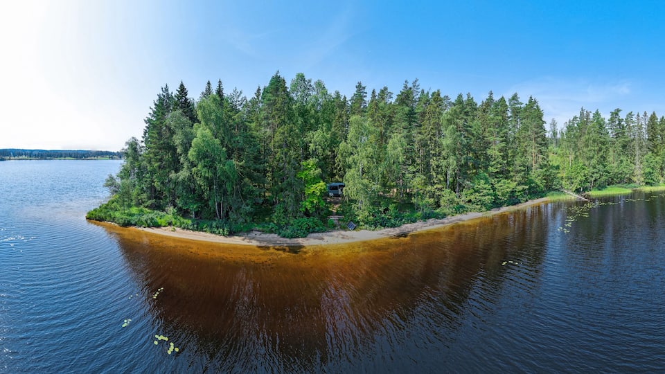 A forested island in a lake with clear water and a sandy beach.