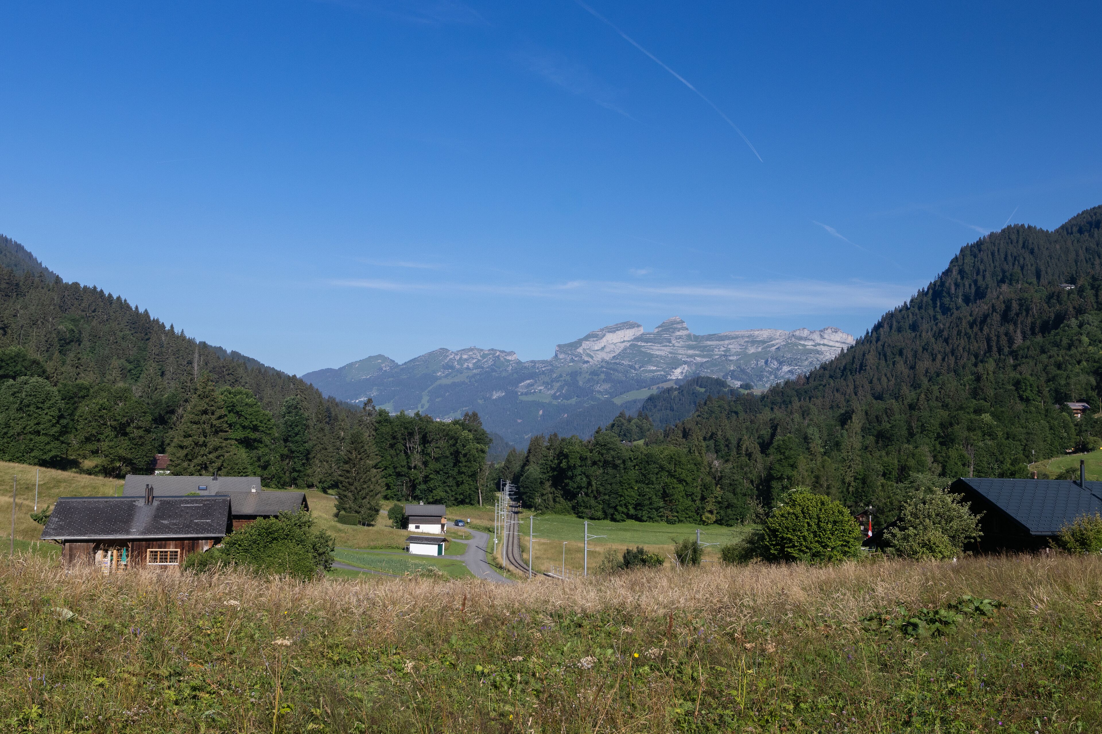 Summer view down the valley from Vers l'Eglise, Ormont-Dessus, Switzerland looking towards La Berneuse mountain top and along the Glacier 3000 rail link . Copy space above.