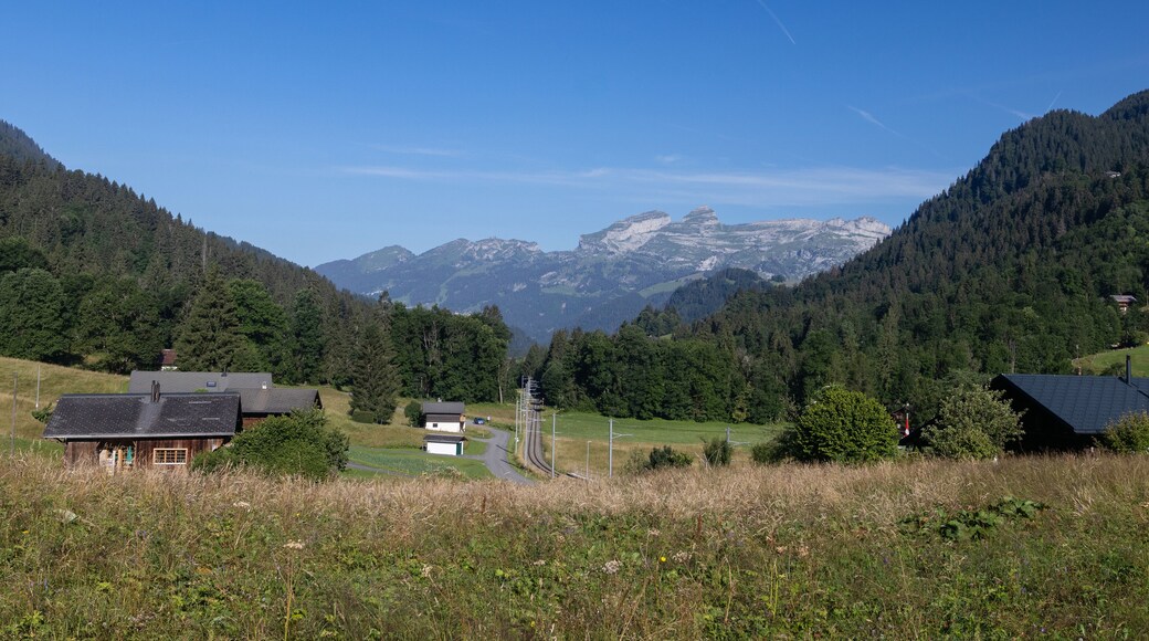 Summer view down the valley from Vers l'Eglise, Ormont-Dessus, Switzerland looking towards La Berneuse mountain top and along the Glacier 3000 rail link . Copy space above.