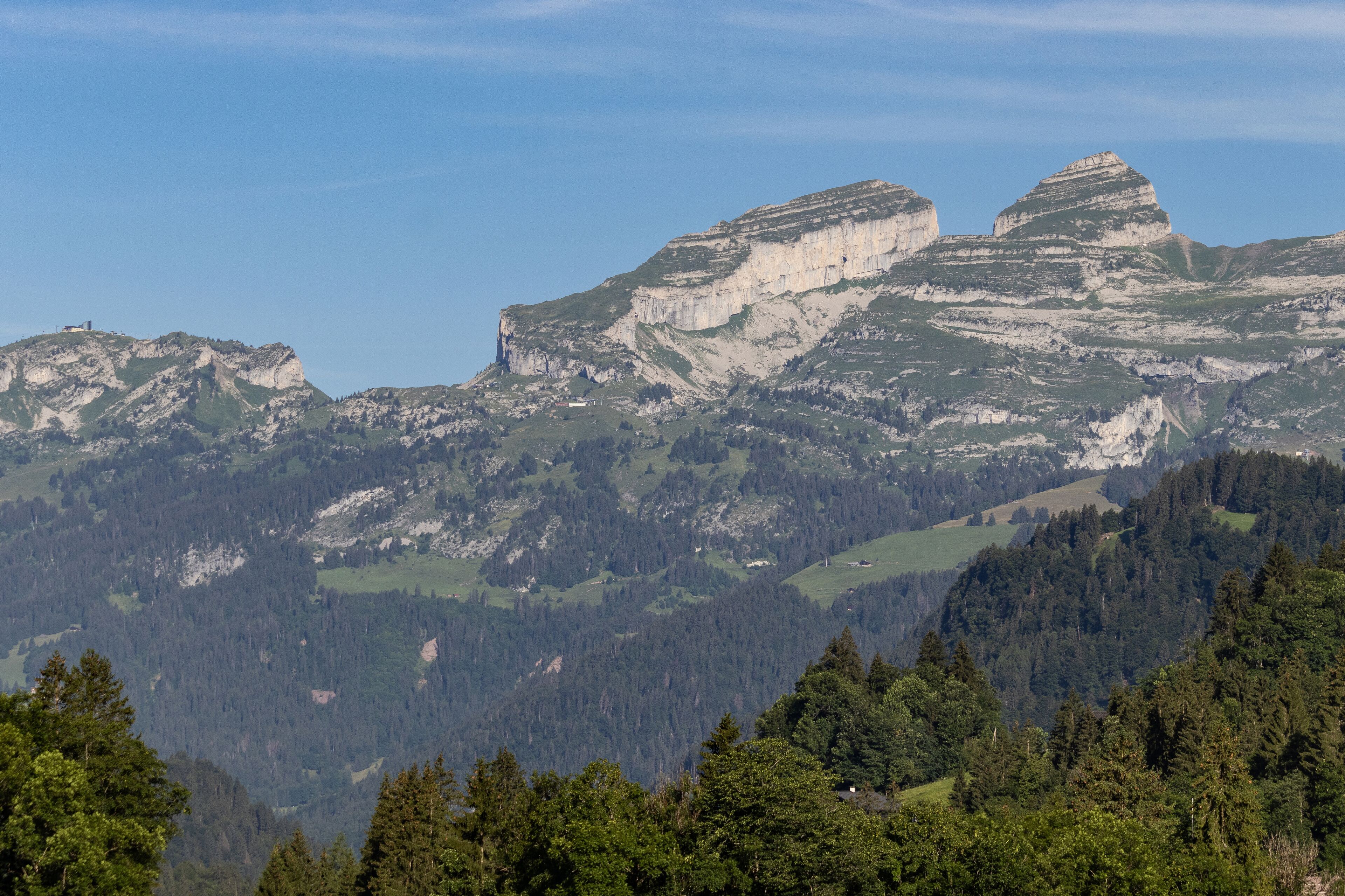 La Berneuse mountain top and ski area in the summer as seen from the east at Vers l'Eglise, Ormont-Dessus, Switzerland. Copy space.