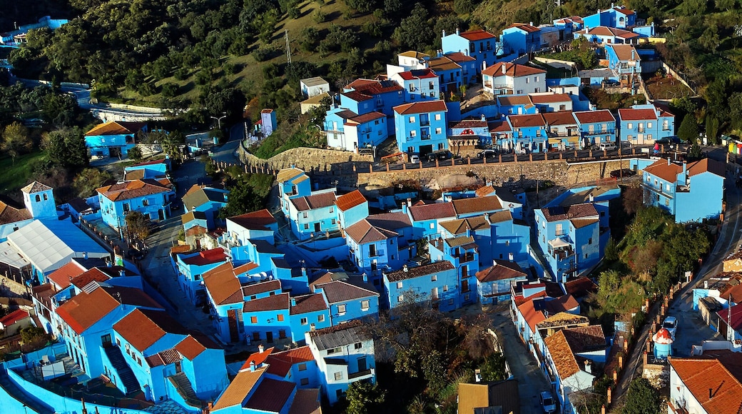 Aerial horizontal image of charming Júzcar village. Spain