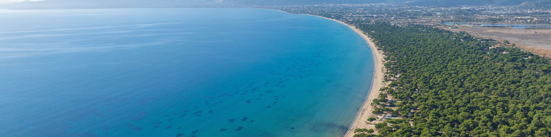 A coastal landscape with a clear blue sea, a sandy beach, and a dense forested area.