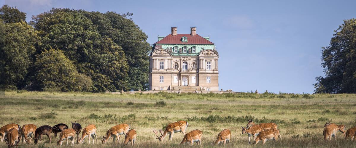 A large building with a green roof and multiple chimneys, surrounded by a field with deer grazing.