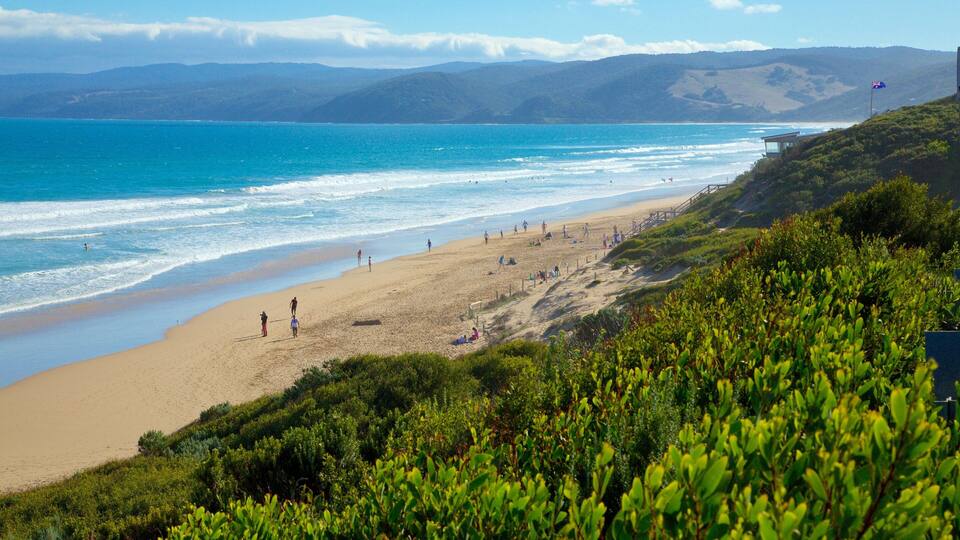 A beach with people walking and sunbathing, a flag, and hills in the background.