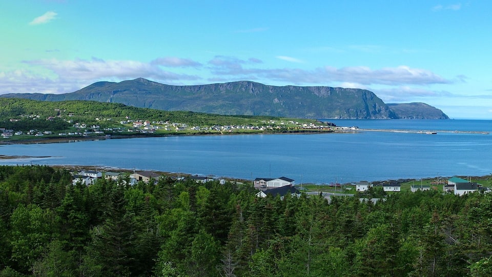 A coastal town with a bay, surrounded by dense forests and mountains.