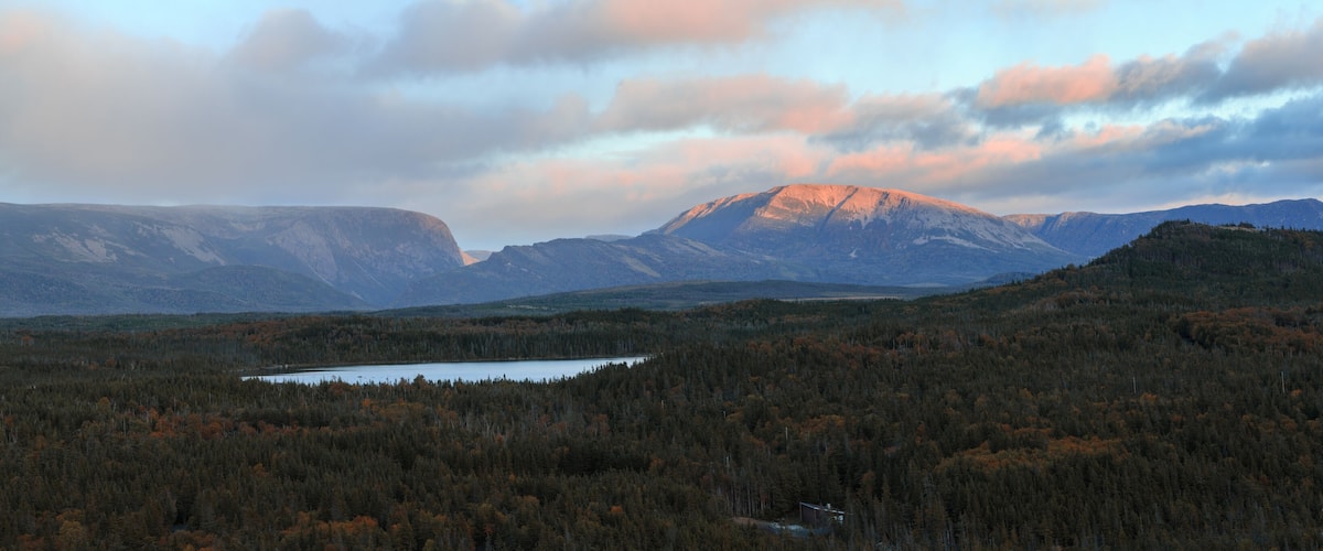 A mountainous landscape with a lake and dense forest.
